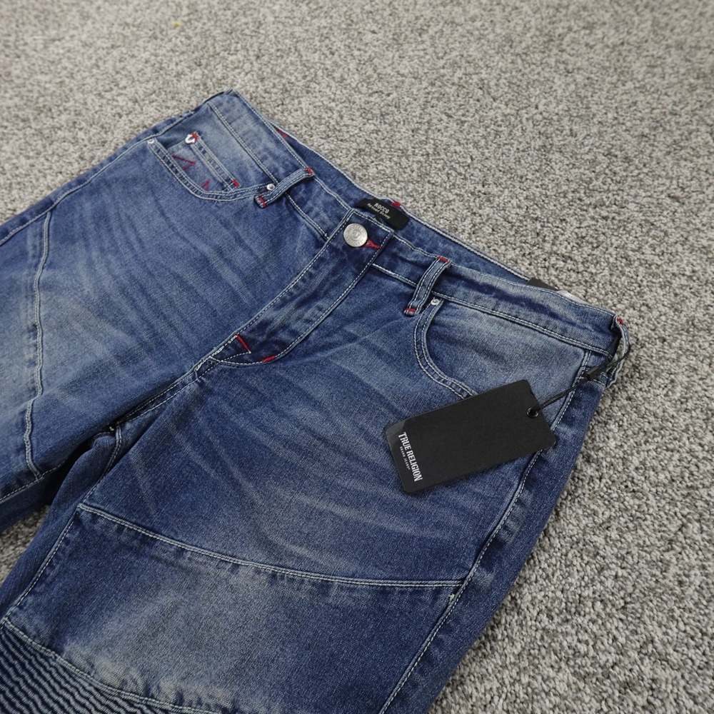 NEW True Religion Jeans Mens 33X32‎ Dark Blue Denim Rocco Moto Relaxed Skinny